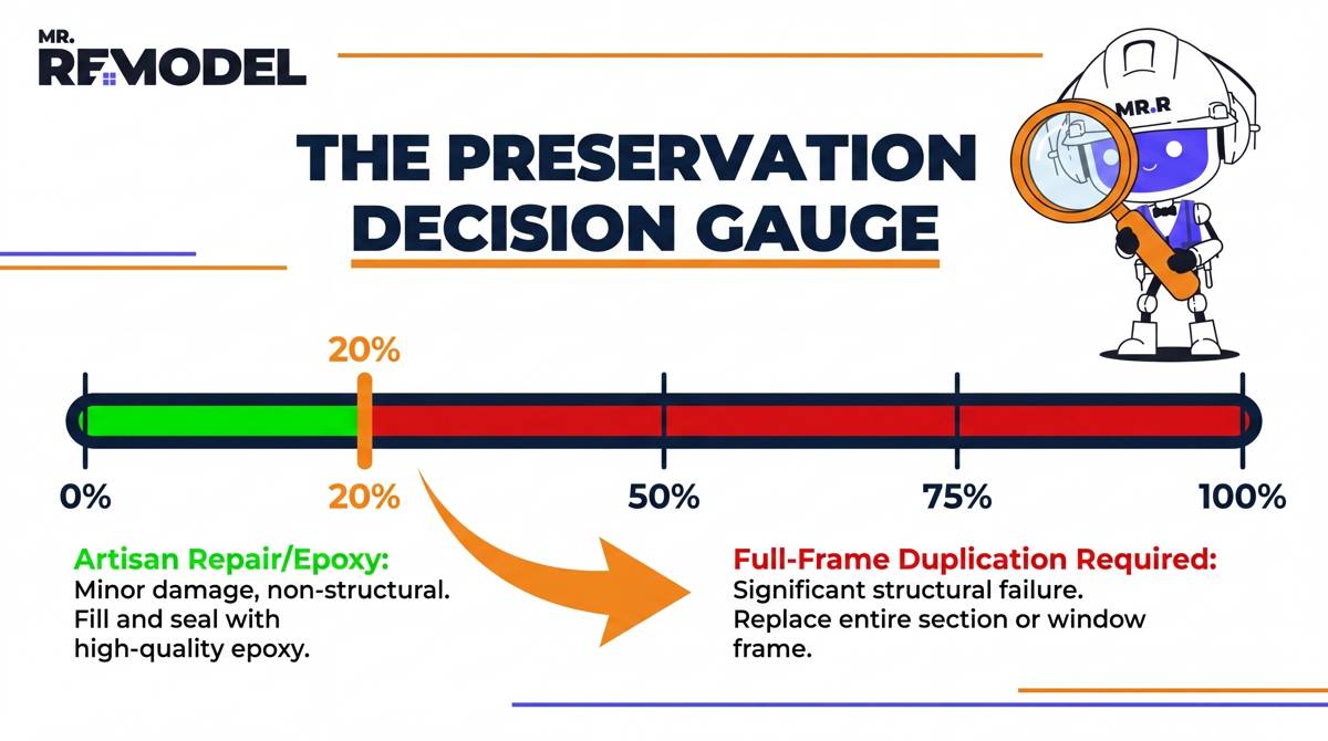 A structural failure gauge showing that wood rot exceeding 20% of a historic window frame requires full-frame duplication rather than artisan repair.